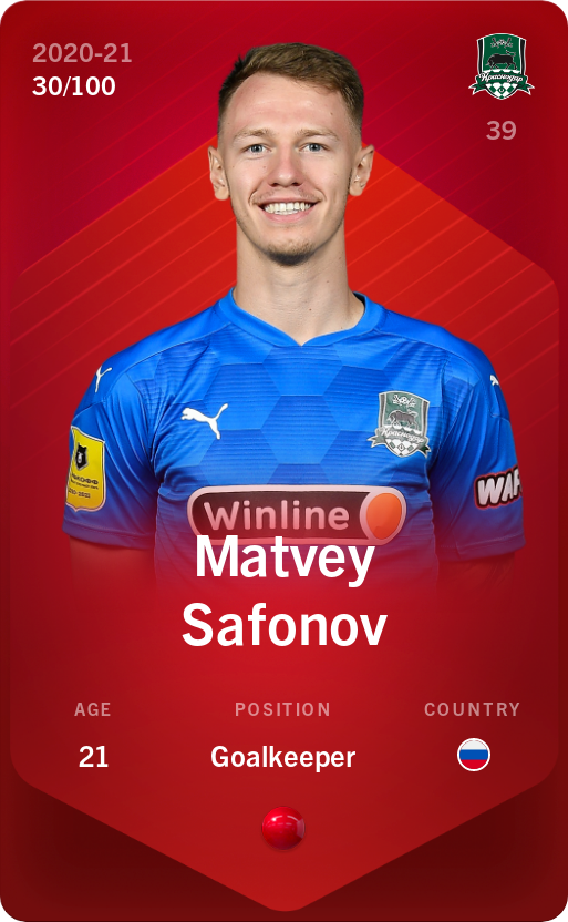 Sorare - Sorare Official - Matvey Safonov 2020-21 • Rare 30/100 - NFT # 9788622942378357128105711062239165407598476633558951341570708460037165998839