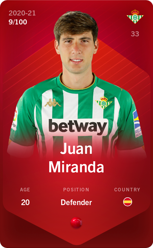 Sorare - Sorare Official - Juan Miranda 2020-21 • Rare 9/100 - NFT # 59847461504194211571607049132122751159465088803397579814752775132530563580038