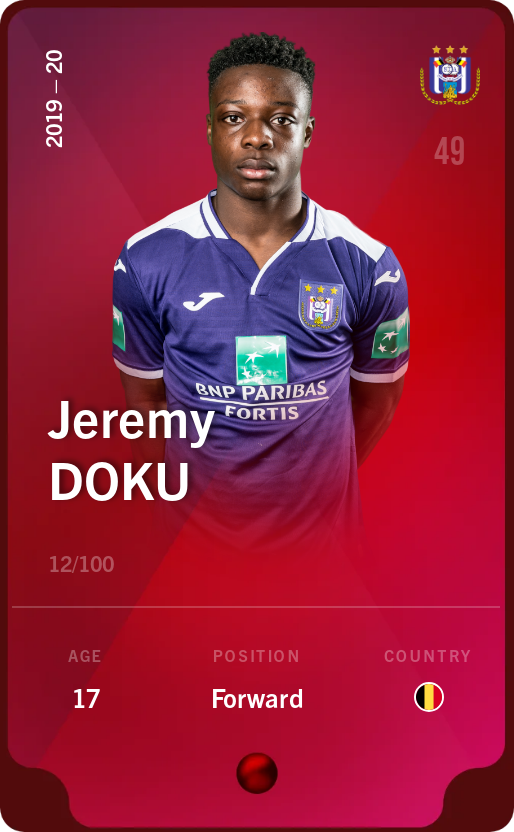 Sorare - Sorare Official - Jeremy Doku 2019-20 • Rare 12/100 - NFT # 49199206088003682251741121440918994761397868759272881272370081927959993160892