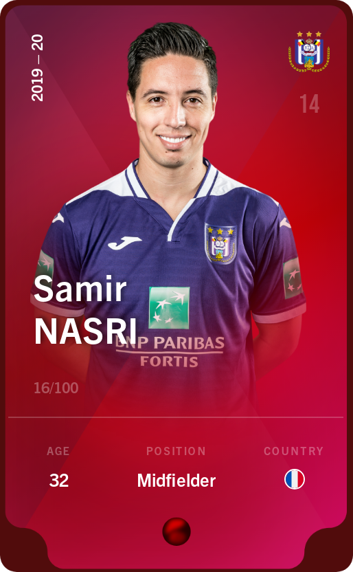 Sorare - Sorare Official - Samir Nasri 2019-20 • Rare 16/100 - NFT # 42943933138486114686146803130715780713127223601139362376728272400960066179277
