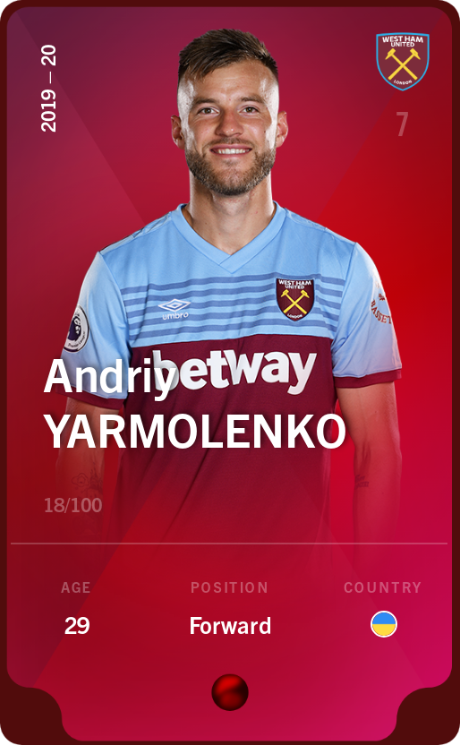 Sorare - Sorare Official - Andriy Yarmolenko 2019-20 • Rare 18/100 - NFT # 27759084746473238309933440263393943685165796820994568615717378269205282558498