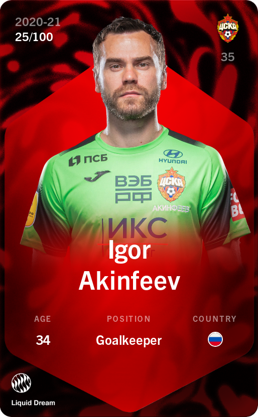 Sorare - Sorare Official - Igor Akinfeev 2020-21 • Rare 25/100 - NFT # 43527036222117714138772383034936039387214142346281911289244621155785547087714