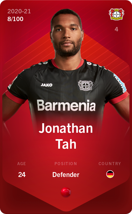Sorare - Sorare Official - Jonathan Tah 2020-21 • Rare 8/100 - NFT # 73355787837668283884815663380898829827668592784398017096464320005653717848095
