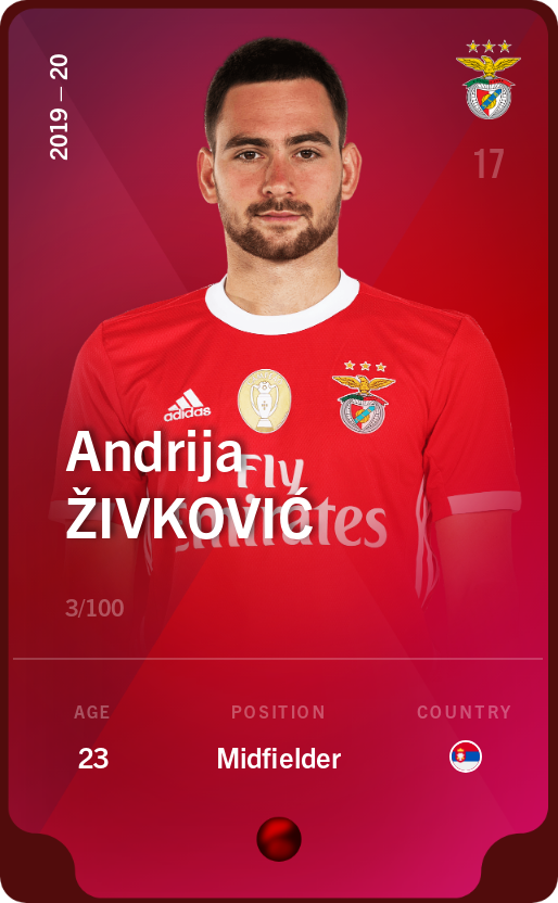 Sorare - Sorare Official - Andrija Živković 2019-20 • Rare 3/100 - NFT # 65949433555182446172000028509376408284853539387184870715971643860292301088644