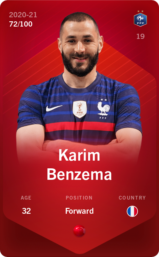 Sorare - Sorare Official - Karim Benzema 2020-21 • Rare 72/100 - NFT # 30425870334707810341247255760552098401481375896556868116788664204074147460142