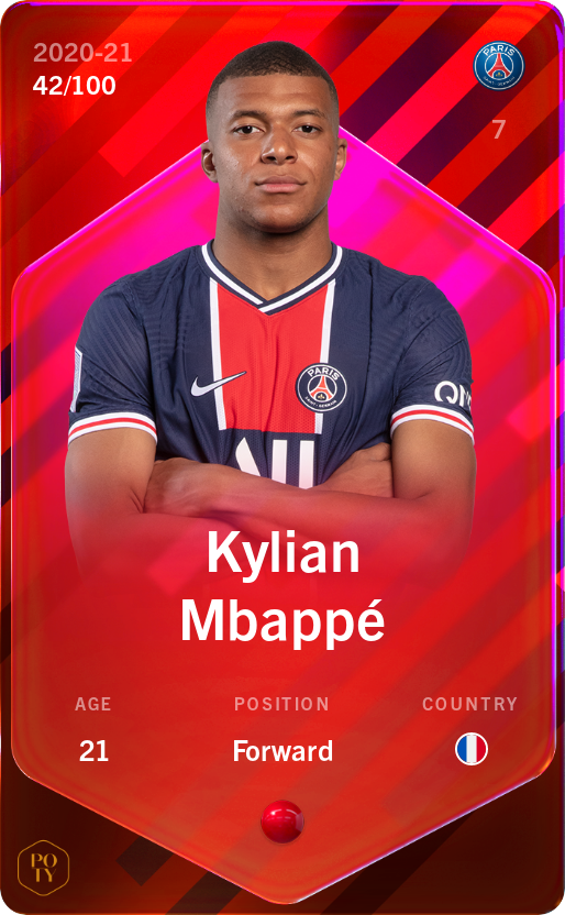 Sorare - Sorare Official - Kylian Mbappé 2020-21 • Rare 42/100 - NFT # 4778334625514899888210617895699714094542426987283223561901069364923006837253