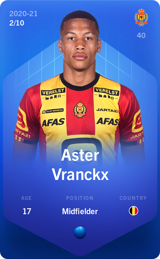 Sorare - Sorare Official - Aster Vranckx 2020-21 • Super Rare 2/10 - NFT # 15117598056261387132626338169392638327063380245633092191168513396103973763813