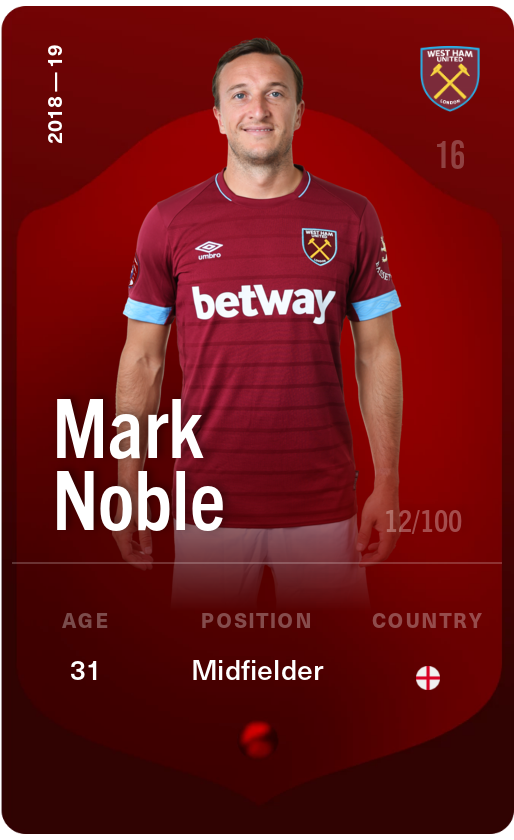 Sorare - Sorare Official - Mark Noble 2018-19 • Rare 12/100 - NFT # 10573662595767949161630128322574794426415708660779088845452476308479613078237