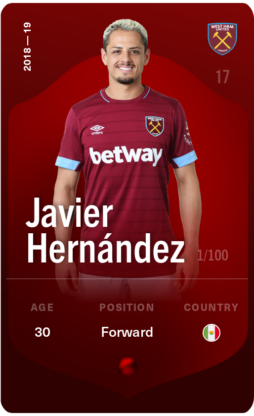 Sorare - Sorare Official - Javier Hernández 2018-19 • Rare 1/100 - NFT # 49027325290742947029141106088174830626170214700754821275400961195828617888223