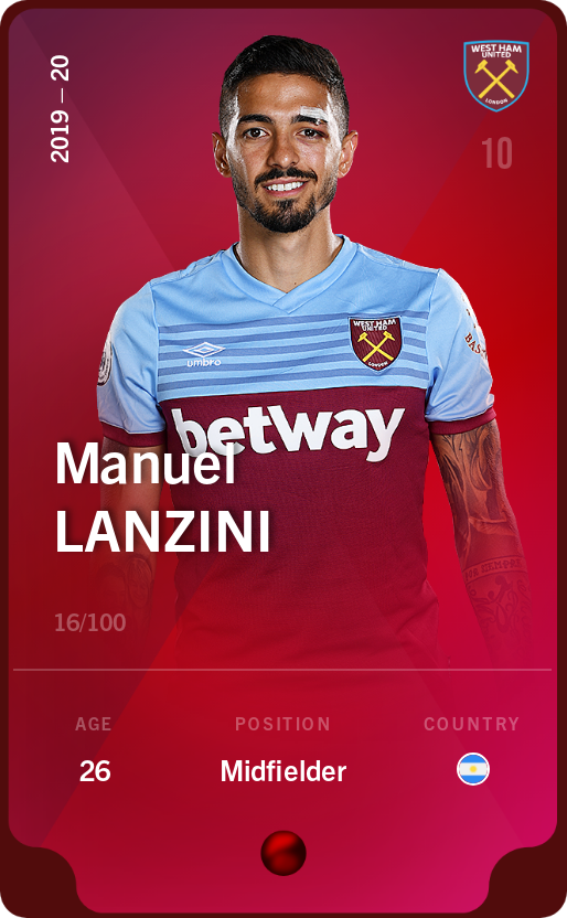 Sorare - Sorare Official - Manuel Lanzini 2019-20 • Rare 16/100 - NFT # 19714337894976969390922854313452667162610862721114045962847994954204461088516