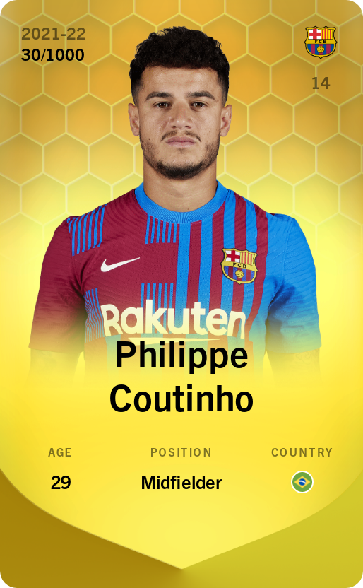 Sorare - Sorare Official - Philippe Coutinho 2021-22 • Limited 30/1000 - NFT # 90525889458956538650074894670243381917656548699279545923642440614985641157499