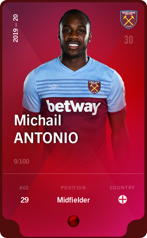 Sorare - Sorare Official - Michail Antonio 2019-20 • Rare 9/100 - NFT # 48533286111997348552855868420751409792042427039604852858192284696743787805319
