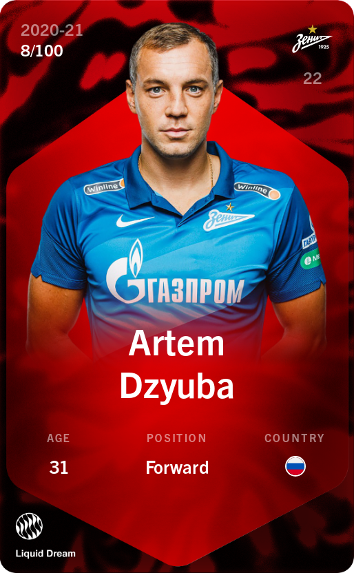 Sorare - Sorare Official - Artem Dzyuba 2020-21 • Rare 8/100 - NFT # 44112486942787197760323115571420579147757965049221310716278862549316112916288