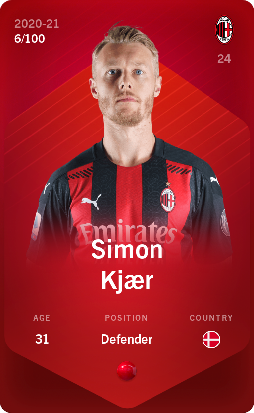 Sorare - Sorare Official - Simon Kjær 2020-21 • Rare 6/100 - NFT # 102270547658038079740154127098524960231553158342652486458793459465056771867126