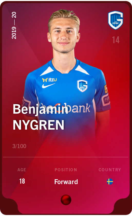 Sorare - Sorare Official - Benjamin Nygren 2019-20 • Rare 3/100 - NFT # 41126040045973986796194778913751839421675153513560174850757068296265253195826