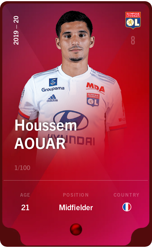 Sorare - Sorare Official - Houssem Aouar 2019-20 • Rare 1/100 - NFT # 40328513035484667111808267328559420302013348188313094438305804800710482074055