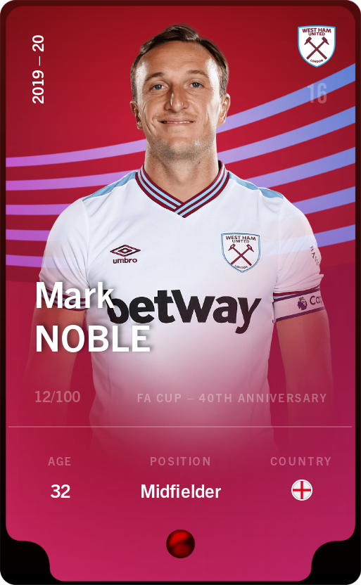 Sorare - Sorare Official - Mark Noble 2019-20 • Rare 12/100 - NFT # 95998503971166905501415426087312943324527852658921348694863107680630886851017