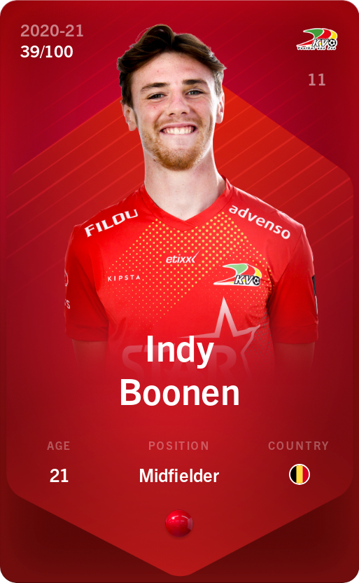 Sorare - Sorare Official - Indy Boonen 2020-21 • Rare 39/100 - NFT # 53704985718120367915911469698313262786965736008689378571417134073136310509967