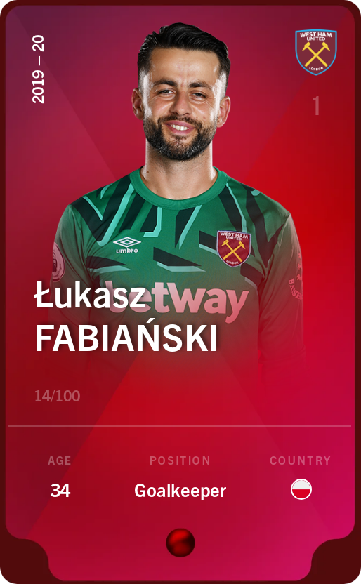 Sorare - Sorare Official - Łukasz Fabiański 2019-20 • Rare 14/100 - NFT # 62030410444898184008685221072772563602861843577951805704850004118087399831492