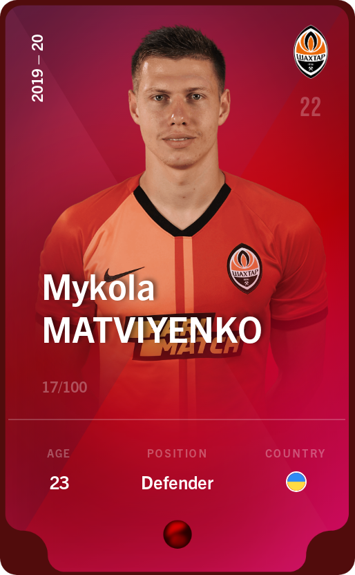 Sorare - Sorare Official - Mykola Matviyenko 2019-20 • Rare 17/100 - NFT # 90090793915596287014072805394088590330687665171278476996081470602700284081501