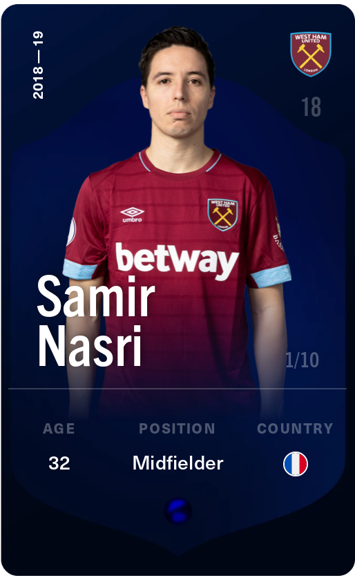 Sorare - Sorare Official - Samir Nasri 2018-19 • Super Rare 1/10 - NFT # 89397742919535367295057158938866431519085162109388727565306101607892155763799