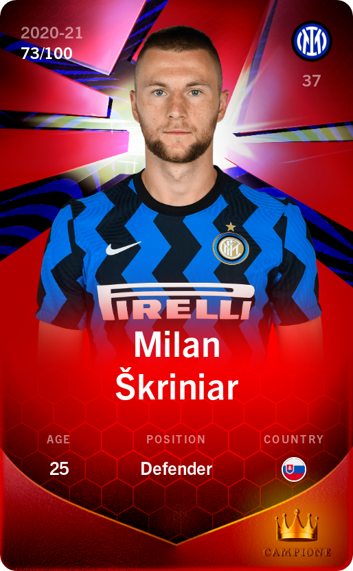 Sorare - Sorare Official - Milan Škriniar 2020-21 • Rare 73/100 - NFT # 61287345277603289416759039579829029698363113437787602515427738664944989947085