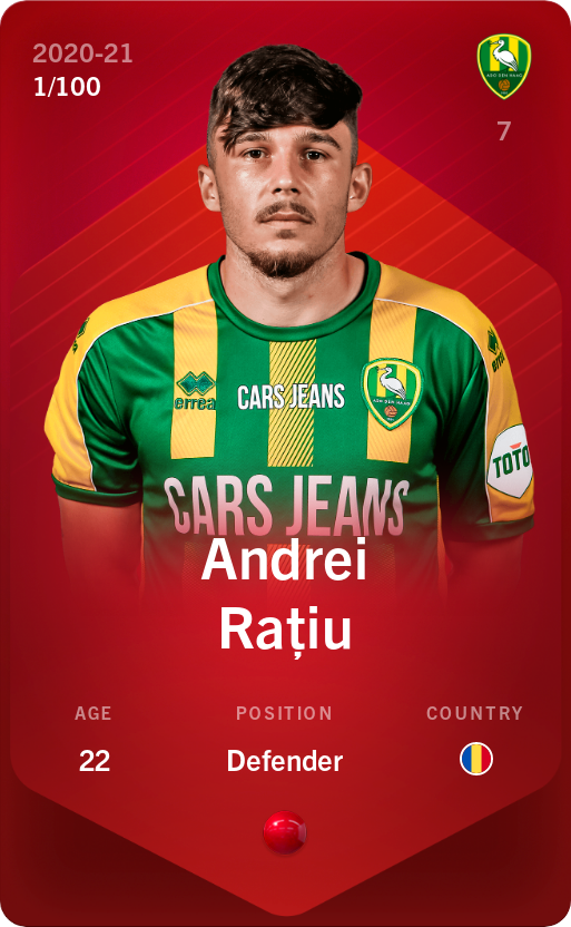 Sorare - Sorare Official - Andrei Rațiu 2020-21 • Rare 1/100 - NFT # 14667041875325357147536819595636350182895151591981884188049594014142822349983