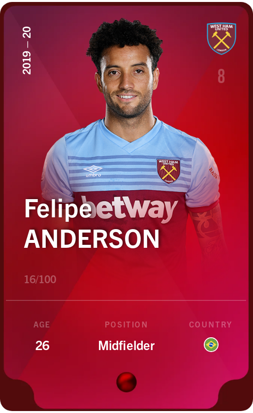 Sorare - Sorare Official - Felipe Anderson 2019-20 • Rare 16/100 - NFT # 101245340334623233004050835102905956018926157457131461258687107975946310939392