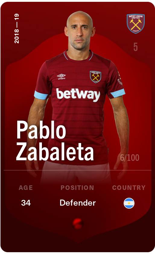 Sorare - Sorare Official - Pablo Zabaleta 2018-19 • Rare 6/100 - NFT # 58926289946869078000343454984400674695563008547018982077173047082387890921447