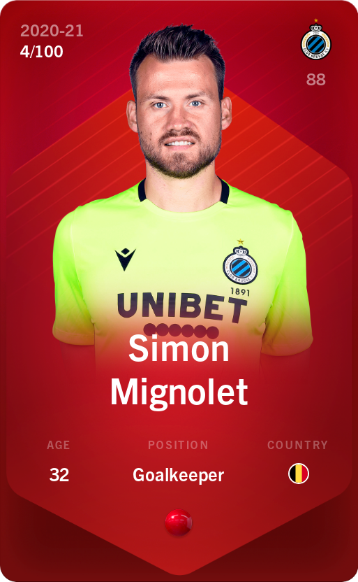 Sorare - Sorare Official - Simon Mignolet 2020-21 • Rare 4/100 - NFT # 71744685938699735174881263753555789247026668027067386973655556946264868896290