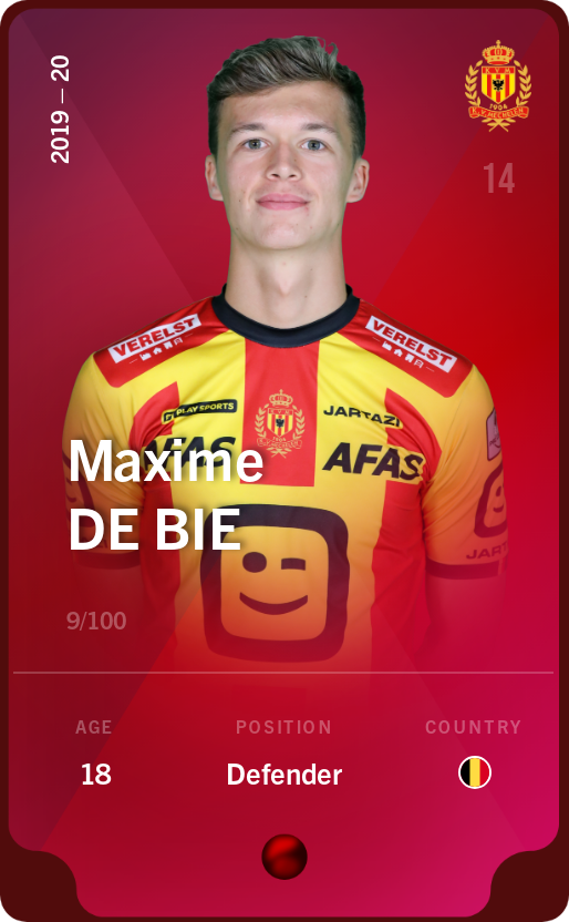Sorare - Sorare Official - Maxime De Bie 2019-20 • Rare 9/100 - NFT # 22397615611662273423009638332332192840531349061209504768489924527046988216983