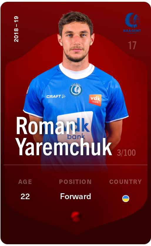 Sorare - Sorare Official - Roman Yaremchuk 2018-19 • Rare 3/100 - NFT # 64725442691707609902586350824852157970713586962095558716212193801905320252467