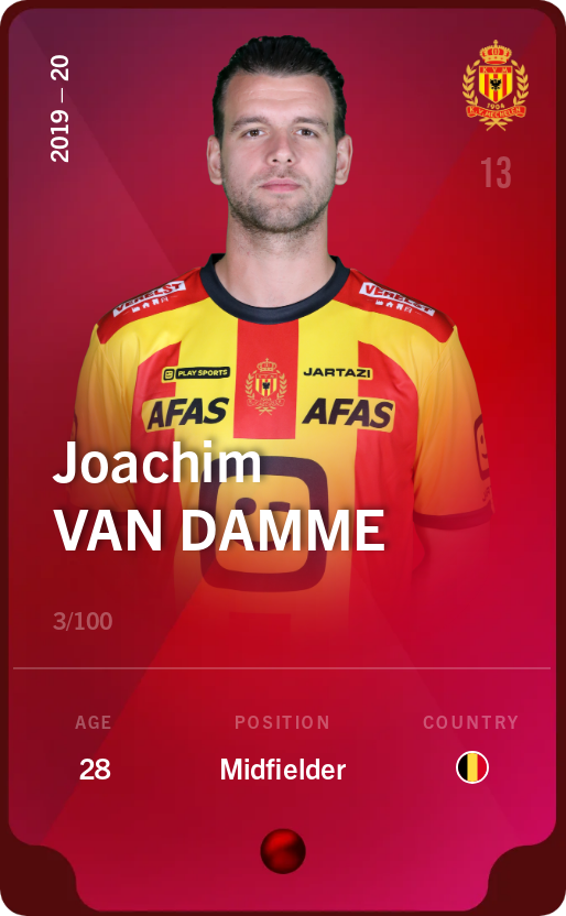 Sorare - Sorare Official - Joachim Van Damme 2019-20 • Rare 3/100 - NFT # 14939087033573545614827429816545447399521851146830920002378345699103622237843