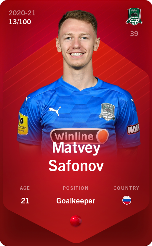 Sorare - Sorare Official - Matvey Safonov 2020-21 • Rare 13/100 - NFT # 61104545419214973433572622059865328942232955901942472487849201193178437849058