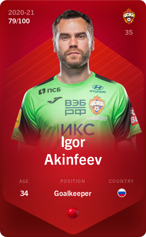 Sorare - Sorare Official - Igor Akinfeev 2020-21 • Rare 79/100 - NFT # 2927578226065320138833069171105622895801509396667196041770809180415581871316