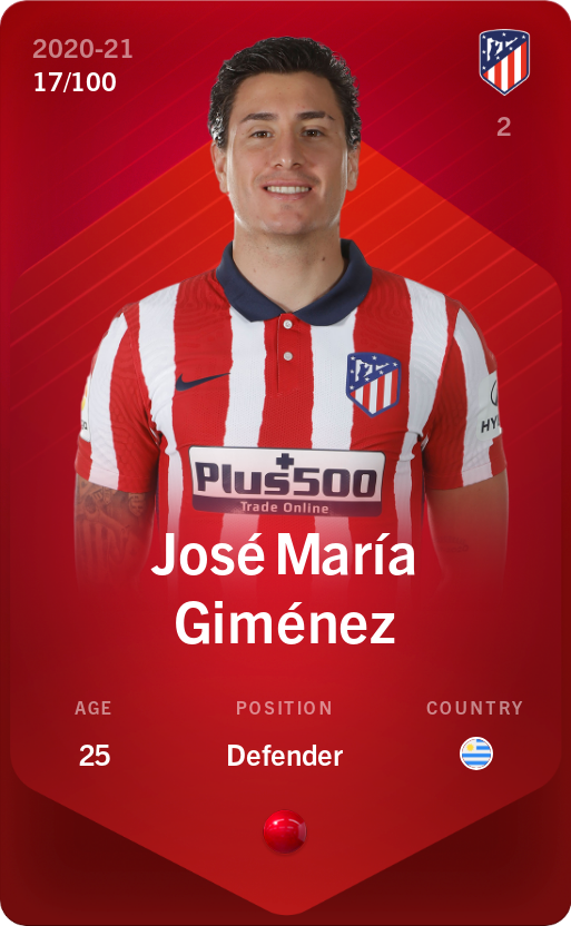 Sorare - Sorare Official - José María Giménez 2020-21 • Rare 17/100 - NFT # 106849057343378975757909995697176416168753556545857876748819909777543726226128