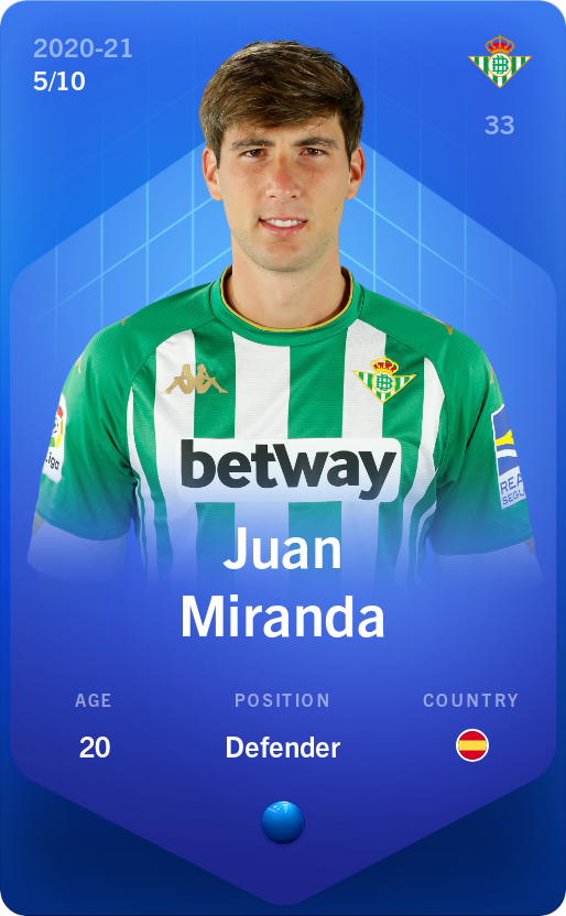 Sorare - Sorare Official - Juan Miranda 2020-21 • Super Rare 5/10 - NFT # 79080383252435391129515148453445307777278846128998185819977445552831877789929