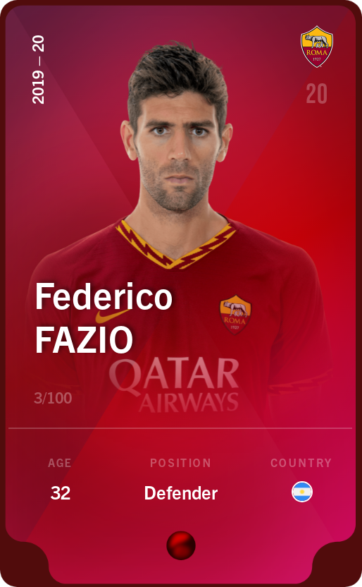 Sorare - Sorare Official - Federico Fazio 2019-20 • Rare 3/100 - NFT # 62457962577922105249579323163395285944103727644111899609719541677134268379597