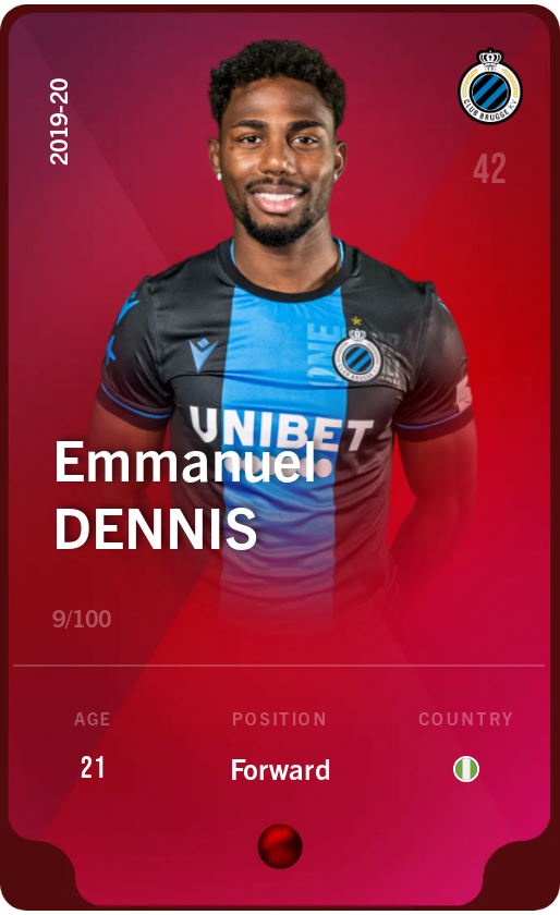 Sorare - Sorare Official - Emmanuel Dennis 2019-20 • Rare 9/100 - NFT # 63141562997146579426642193716842590018601380654561072506749408834372395245217