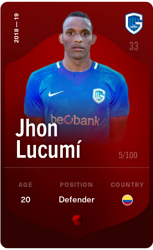 Sorare - Sorare Official - Jhon Lucumí 2018-19 • Rare 5/100 - NFT # 95632062929821681185329993804386724414323051967540700911636413881503031175609