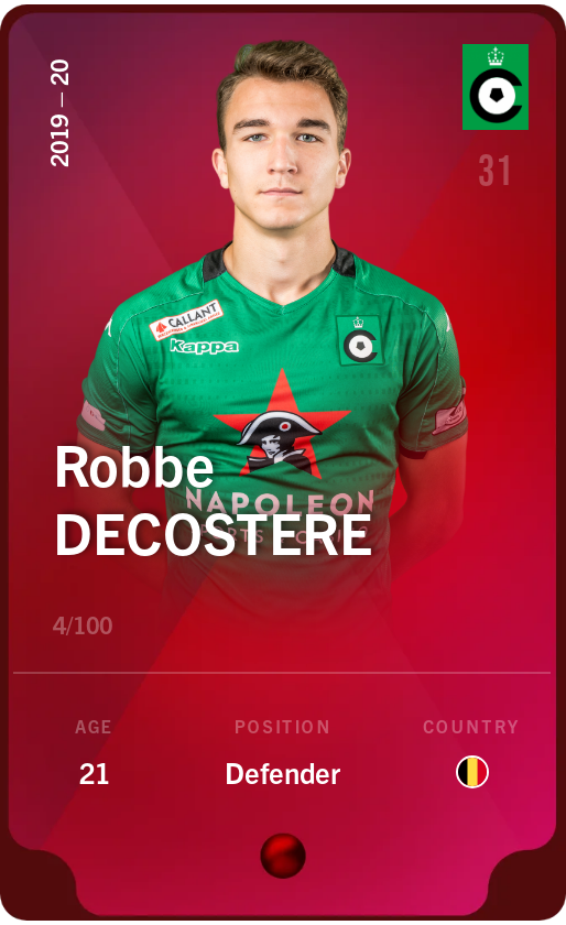 Sorare - Sorare Official - Robbe Decostere 2019-20 • Rare 4/100 - NFT # 29460185105143484094369603515903822205355118577553891560670748929716170096487