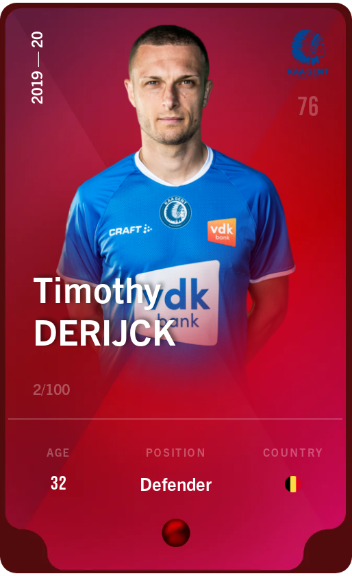 Sorare - Sorare Official - Timothy Derijck 2019-20 • Rare 2/100 - NFT # 72448591359154063270654854010899912420878492225854744135430128093263513350320