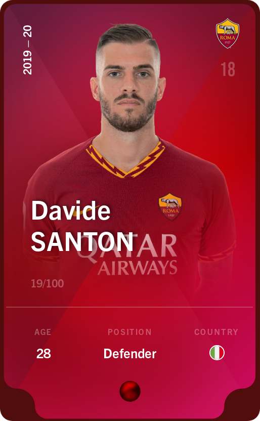 Sorare - Sorare Official - Davide Santon 2019-20 • Rare 19/100 - NFT # 9901584519219419110072746834427959580932164233576928023274590620893148457984