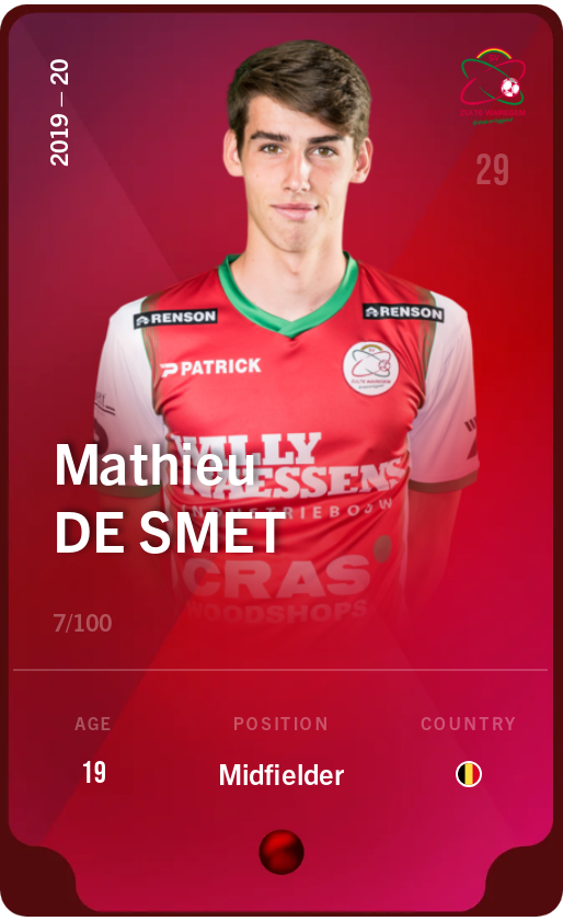 Sorare - Sorare Official - Mathieu De Smet 2019-20 • Rare 7/100 - NFT # 34308932225361198408087038201554580192012880033798776446126659212539584621561