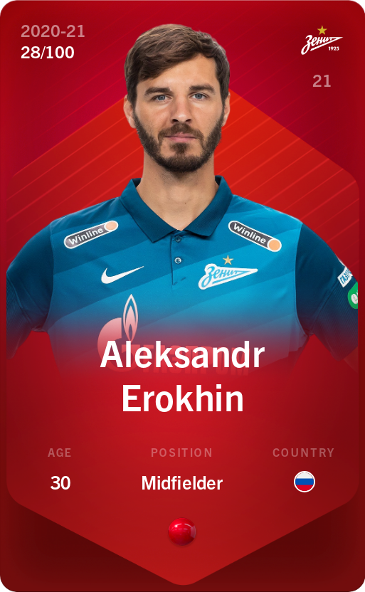 Sorare - Sorare Official - Aleksandr Erokhin 2020-21 • Rare 28/100 - NFT # 91203359212879985288500178980569764146146332495193825872461842760387797048765