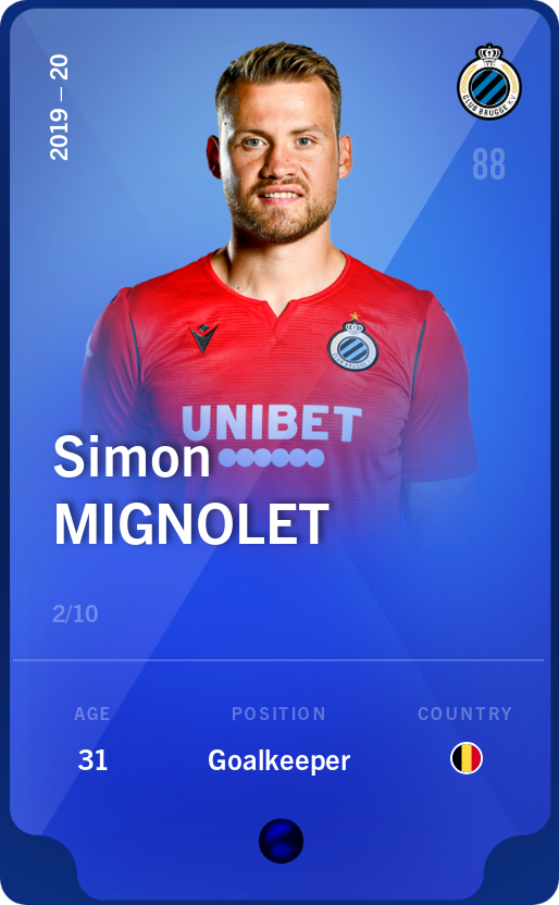 Sorare - Sorare Official - Simon Mignolet 2019-20 • Super Rare 2/10 - NFT # 55066713955397162278251358846910070938847887680034191206732414032704844002593