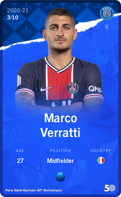 Sorare - Sorare Official - Marco Verratti 2020-21 • Super Rare 3/10 - NFT # 53740760786764750024761375438645586843655224008260884037086647287628542281316