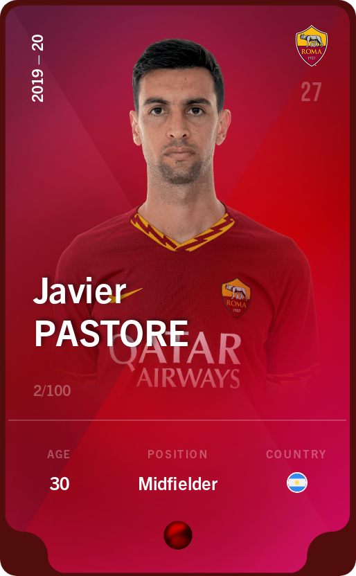 Sorare - Sorare Official - Javier Pastore 2019-20 • Rare 2/100 - NFT # 105954408907564754605892906507569899558425518822312508465411841894358463212567