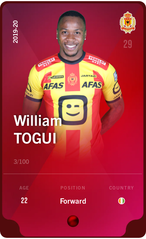 Sorare - Sorare Official - William Togui 2019-20 • Rare 3/100 - NFT # 87714550352735329363435165157255847965068412914564631477657250363106845009347