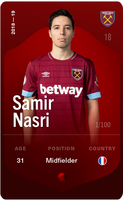 Sorare - Sorare Official - Samir Nasri 2018-19 • Rare 1/100 - NFT # 56044969254151152743155296818199091008230174799766649604307506931217096918187